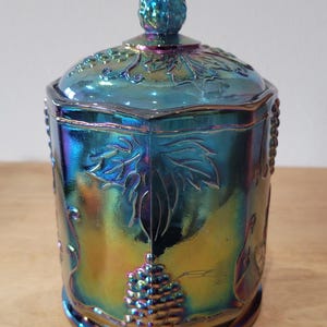 Vintage Small Canister & Lid Harvest Carnival Blue by Colony Biscuit Canister Harvest Grape Pattern Iridescent Blue  Canister 7 inches tall