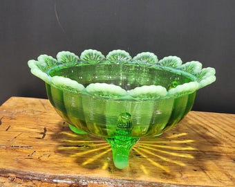 Green Opalescent Mosser Glass Cherry Thumbprint Master Round Bowl