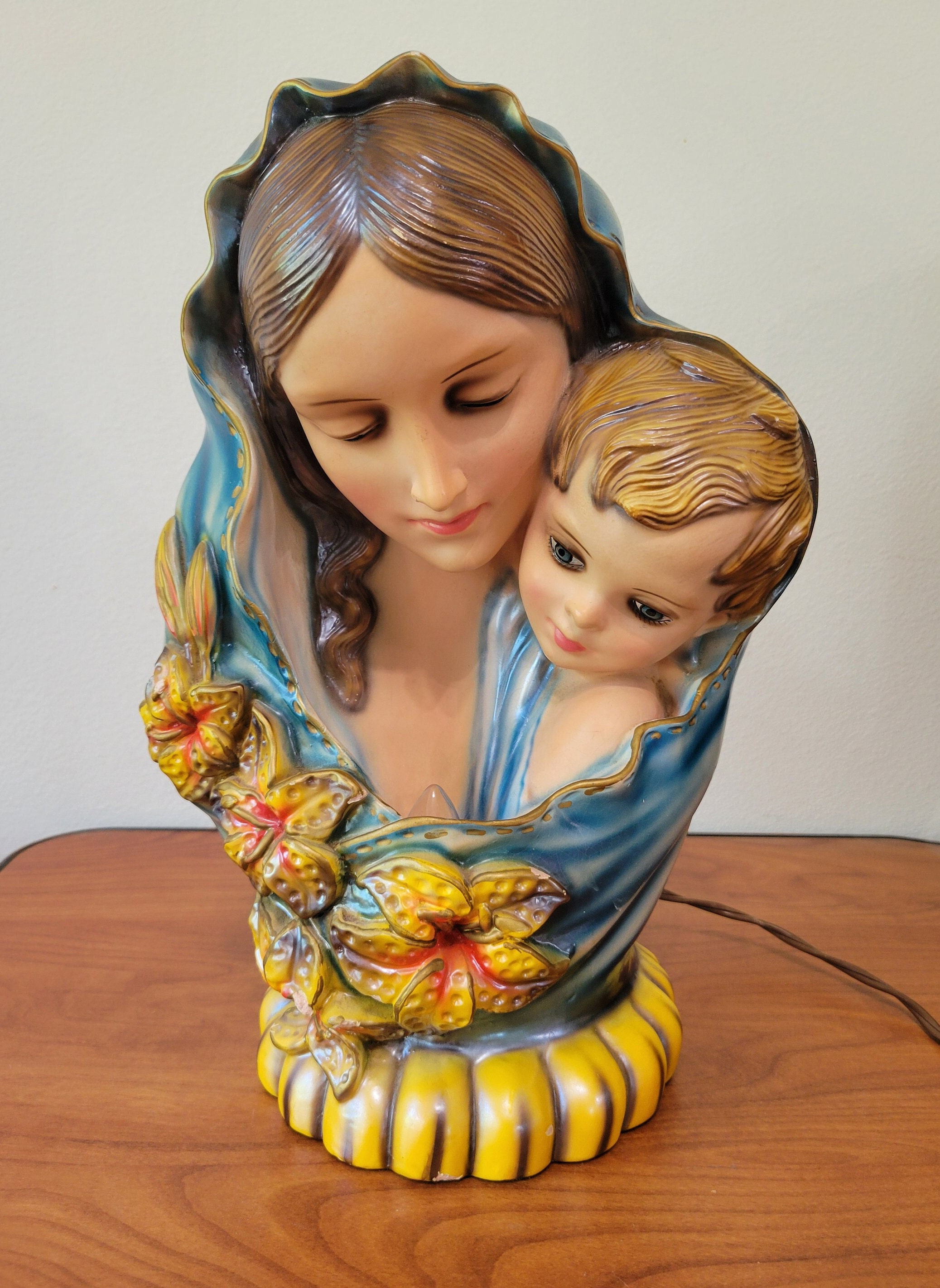 Vintage Large Mary & Infant Jesus Statue With Light Bulb by