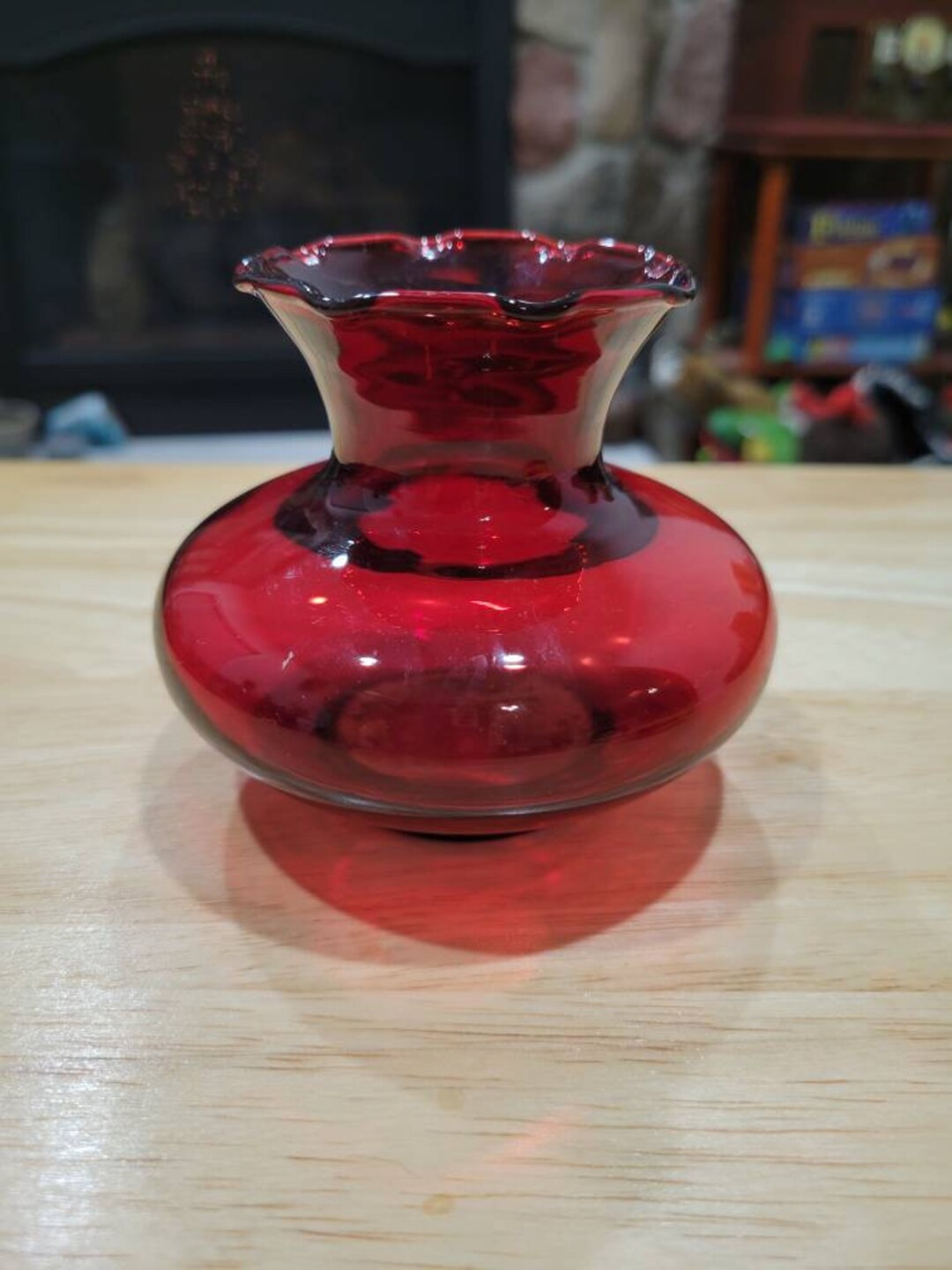 Vintage Ruby Red Cranberry Glass Vase Fancy Ruffled Top Edge Etsy