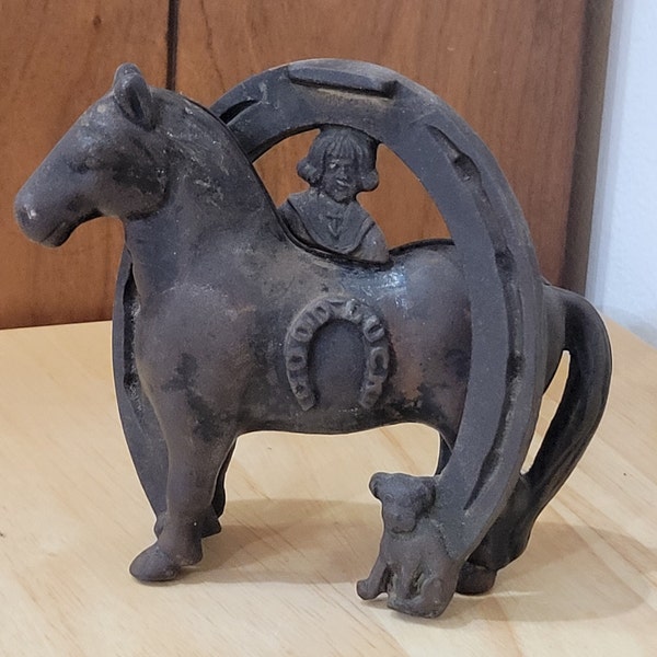 Antique Arcade Circa 1905 Good Luck Horseshoe and Horse Buster Brown and his Dog Cast Iron Bank Heavy Metal Toy Bank 1 Modern Screw on Back