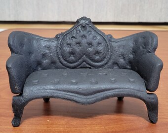 Antique Vintage Miniature Black Victorian Cast Iron Dollhouse Couch Sofa Collectable Metal Toy Old