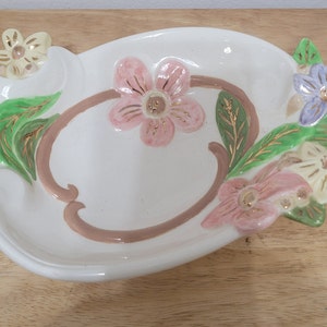 Vintage Ceramic Footed Bowl Dish Pastel Spring Colors Floral Holland Mold