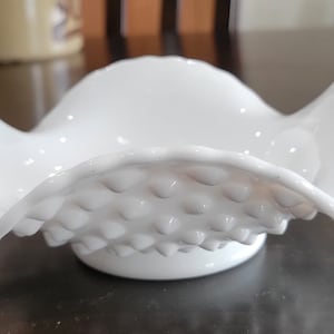 Vintage Fenton Milk Glass Hobnail Ruffled Dish with Two Handles Bon Bon Dish, Candy Dish, Nut Bowl,