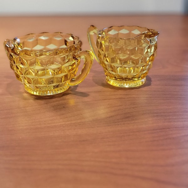 Vintage Depression Glass Cream Pitcher and Open Sugar with 2 handles, Amber Cubist Pattern Pressed Glass Design by Jeanette Glass