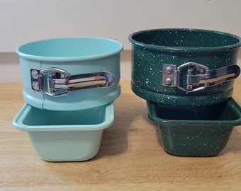 Set of Baking Pans, Mini Loaf 6 inches long and Mini Spring Form 5 inch diameter.  Dark green and Turquoise, Metal Pans Kids Baking Fun Gift