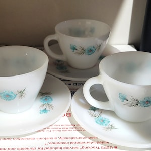 Vintage Fire King Bonnie Blue Floral  Boutonniere Tea Cup and Saucer Milk Glass Set Of  3 in Perfect Condition