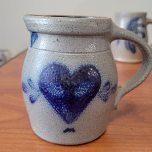 Vintage 1988 Rowe Pottery USA Made Indigo Heart Salt Glazed Hand Thrown Pitcher Perfect Condition Rustic Gift Idea Cabin Decor