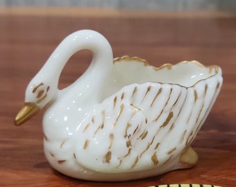 Vintage Porcelain Small Swan 1930s Salt Cellar - Creamy White Lusterware - Noritake Handpainted - Gold Gilded Made in Japan