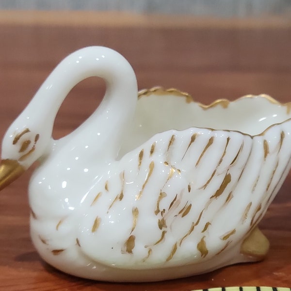 Vintage Porcelain Small Swan 1930s Salt Cellar - Creamy White Lusterware - Noritake Handpainted - Gold Gilded Made in Japan