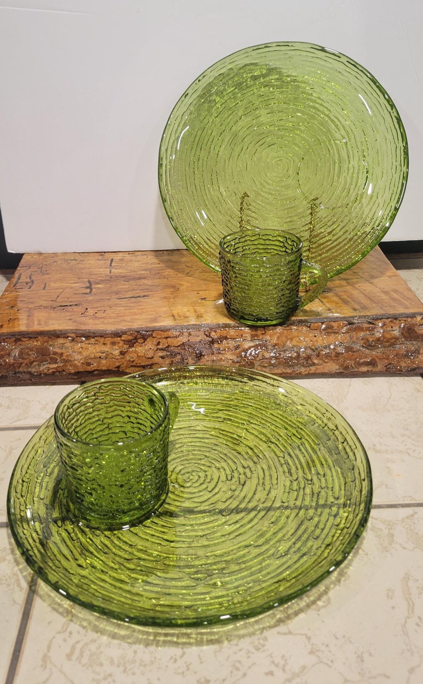 Vintage Avocado Green Snack Plate & Cup Set, Anchor Hocking Soreno