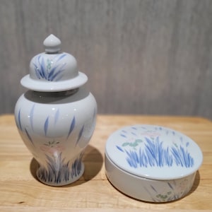Vintage Hand Painted Floral Temple Ginger Jar and Matching Ceramic Powder Dish, Iris of Japan Beautiful Raised Design Gifting Ready
