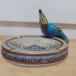Vintage 1970s Mexican Folk Art Macaw Parrot Figurine and Tonala Pottery Stoneware Ashtray