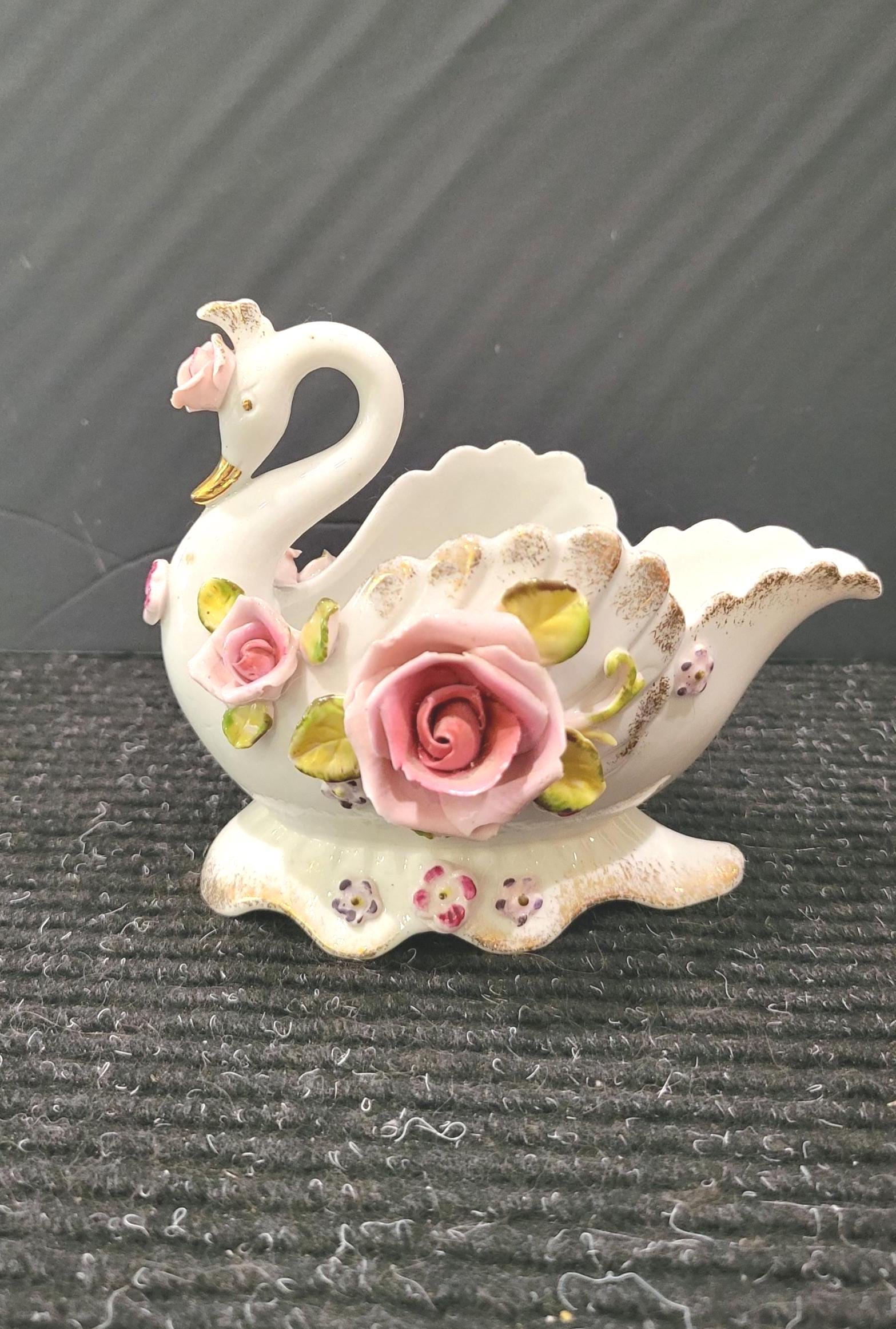 Vintage Lefton China Swan Figurine, Pink Roses Trinket Dish - Etsy