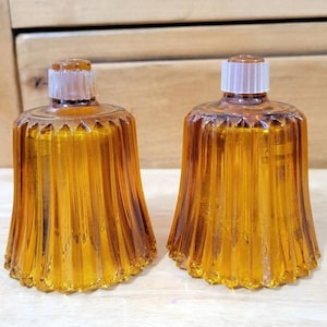 SET of Two (2) Amber Glass Peg Votive Candle Holders, Ribbed Glass with Sawtooth Top Rim Perfect Condition!