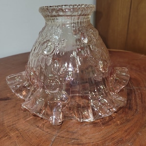 Vintage &quot;Cabbage Rose&quot;  Fenton Fluted and Ruffled Lamp Shade for Fairy Light or Fairy Lamp Boudoir Table Lamp Pink Clear Glass