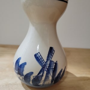 Vintage Hand Painted Delft Blue Bud Vase White Windmills Birds Sailing Boats Ceramic Vase Dutch Style. Perfect Condition!