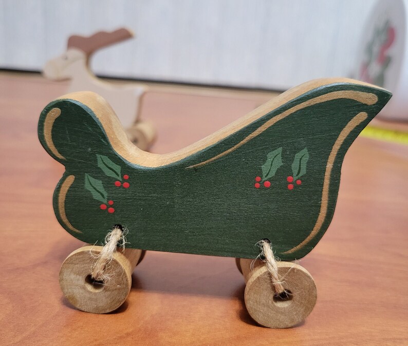 Adorable Amish Made Reindeer and Sleigh or Cart Spool Wheels Wooden