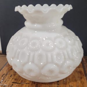 Vintage Fenton Milk Glass Lamp Shade ONLY Embossed Puffy Rose with Blue Pink Yellow Roses on Front with Delicate Ruffle Top 7" Fitter