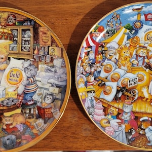 Vintage Set of 2 Franklin Mint Cat Holiday Themed Plates by Bill Bell Porcelain Fall State Fair Gold Medal Baking Cats Gold Medal Winners
