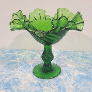 Vintage Spring Green Ruffled Crimped Pedestal Compote Dish Swirl Pattern Perfect Depression Glass
