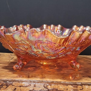 Vintage  8&quot; 3-Toed Footed Bowl Lustre Rose Marigold by Imperial Glass-Ohio Crimped Ruffle Perfect Condition Beautiful Iridescent Roses
