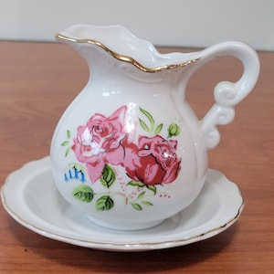 Gorgeous Enesco Pink Floral Pitcher Bowl Set &quot;June Rose Loving&quot; on Back,  Made in Japan Pitcher and Bowl Wash Basin Perfect Condition