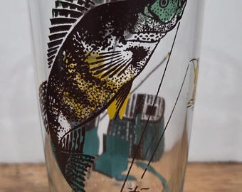 Vaso de pinta de pescador de perca amarilla, bar de pesca, década de 1970