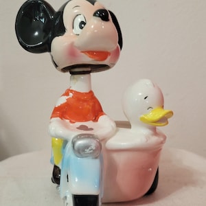 Vintage Mickey Mouse Ceramic Planter Enesco 1970s. Bobblehead Mickey Motorcycle