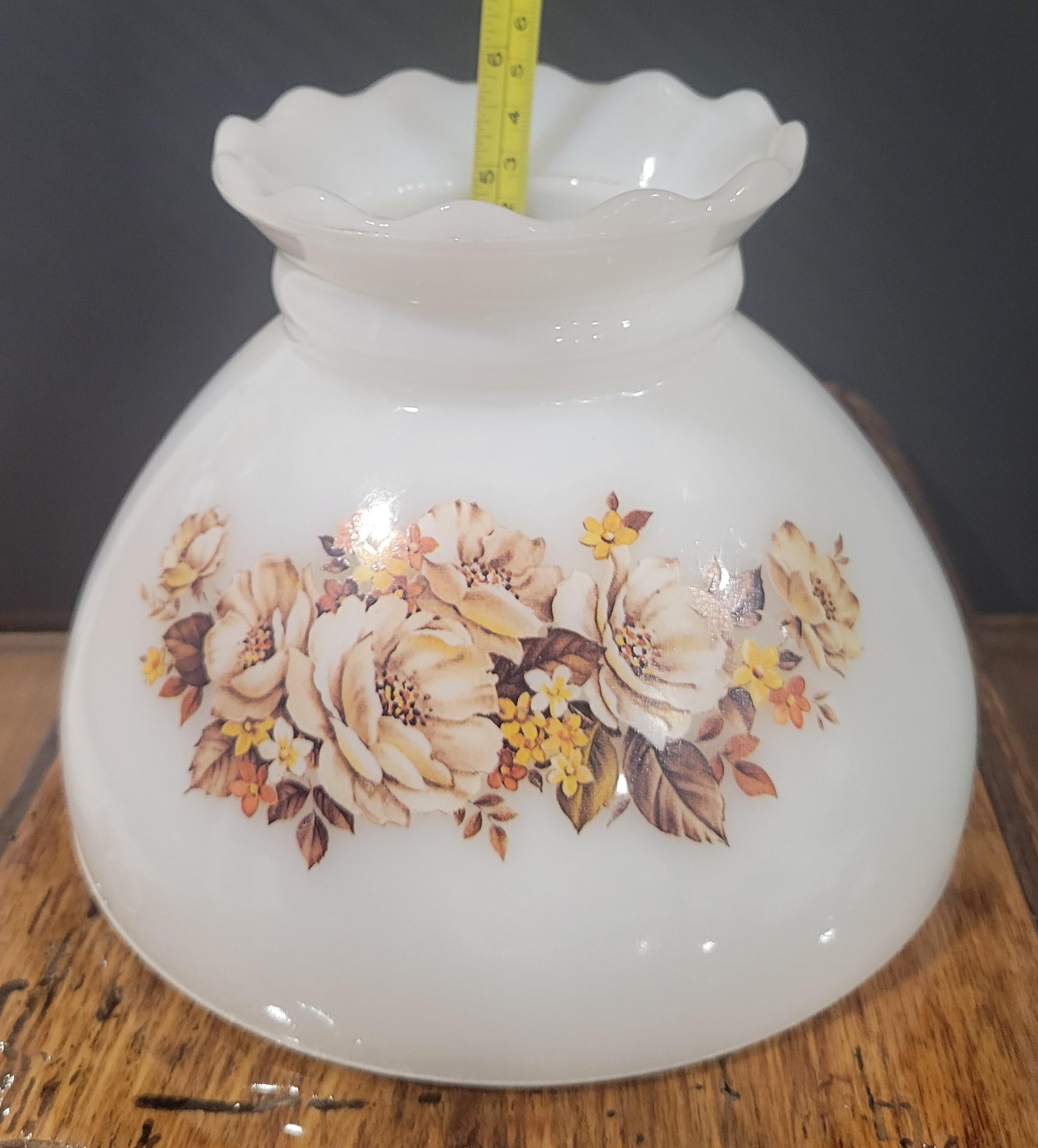 Vintage Milk Glass Lamp Shade, Brown Floral Design, Ruffled 