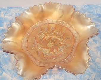 Vintage Dugan Windflower Bowl, Peach Marigold Iridescent Ruffled Glass