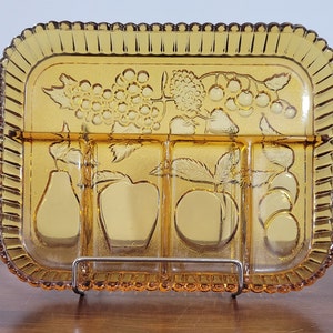 Vintage Amber 5-Part Divided Relish Dish Indiana Glass Company Embossed with Fruits Divided Serving Fruit Tray Gorgeous 60&#39;s Dessert Tray