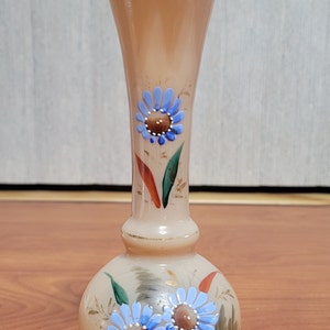 Beautiful and dainty Antique Hand Painted Bristol Glass Ruffle Vase, Caramel/Clambroth Color with hand painted flowers on the front