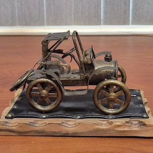 Vintage Art OF Spain (Lobeco)?  Handcrafted Old Fashioned Metal Car on a Wooden Base Metal Auto Sculpture Car Jalopy Collector Gift