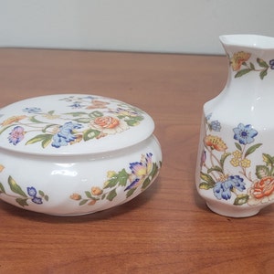 Vintage Aynsley Cottage Garden Flowers and Butterflies Trinket Box and Mini Vase Fine English Bone China Gift Idea Mom Grandma Mothers Day