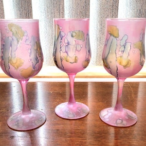 Vintage Nouveau Art Glass - Set of Three Hand Painted Refired Satin Wine Glasses Pink Floral Gorgeous Set!