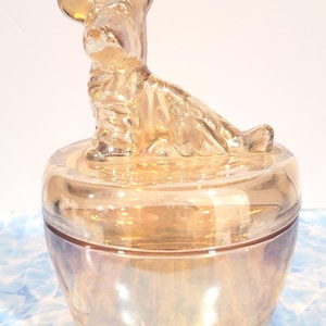 Vintage JEANNETTE Glass Marigold Iridescent Carnival Glass Scottie Dog Scottish Terrier Powder Jar Trinket Box Vanity Covered Dish