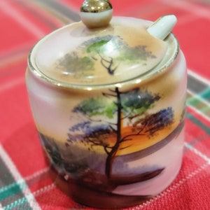 Noritake Fine China Mustard Pot, Handpainted River Scenery Beautiful, three pieces, Pot, Top, Tiny Spoon