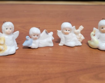 Bone China Miniature Christmas Ornaments Angel Figurines Bone China 2" Set of 4 Little Angels with their Woodland Friends