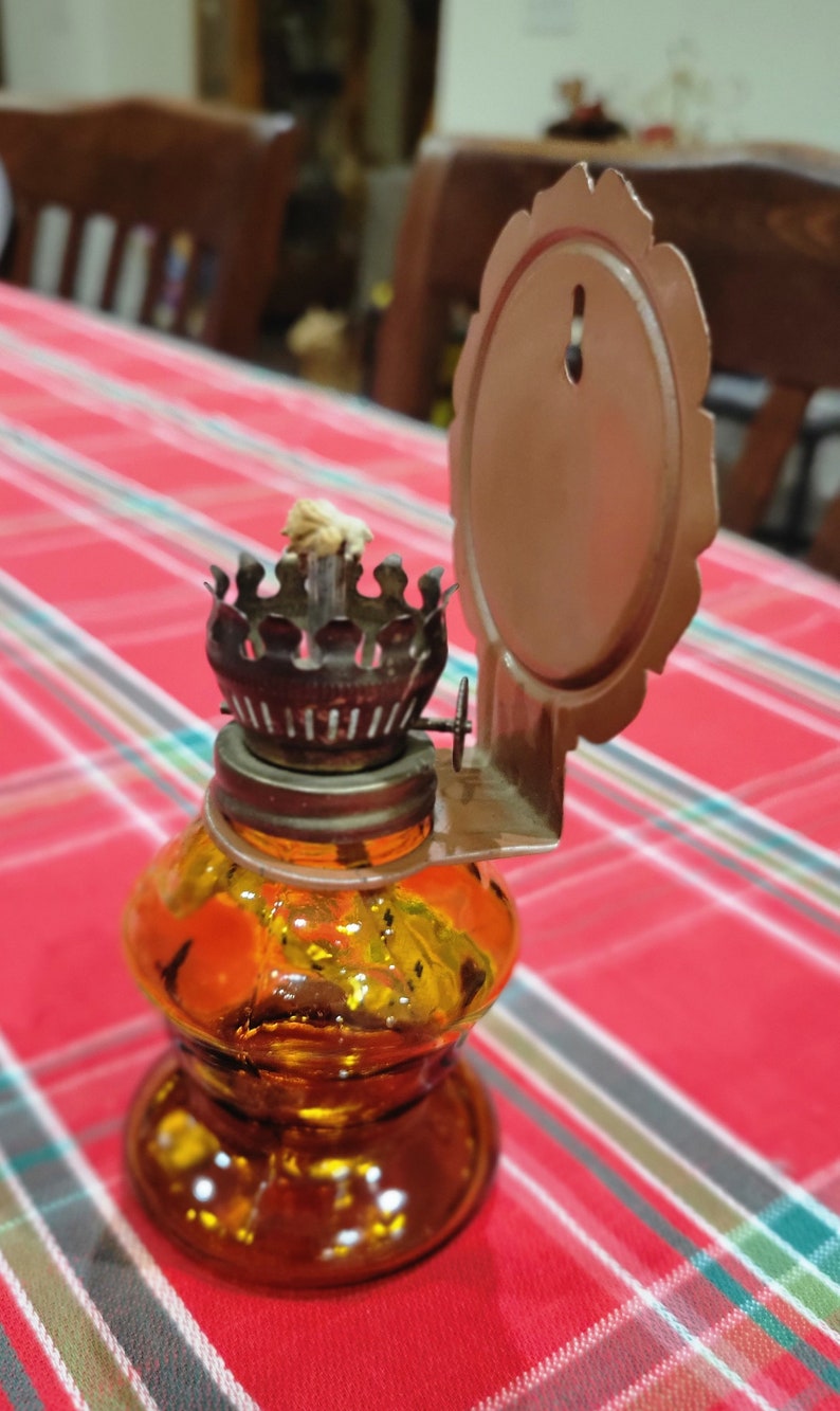 Vintage Amber Glass Wall Mounted Oil Lamp With Reflector No Etsy