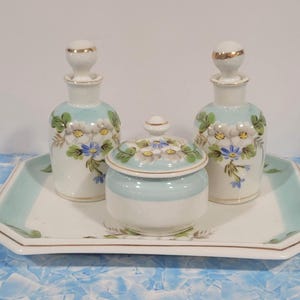 Vintage Porcelain Floral Vanity Set 2 Perfume Bottles with Stoppers Powder or Trinket Dish with Oblong Tray Gorgeous & in Perfect Condition