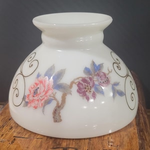 Vintage Milk Glass Lamp Shade ONLY 8" Fitter Pink & Purple Floral Design w Gold Embellishments Smooth Upper Edge Gorgeous Replacement Shade