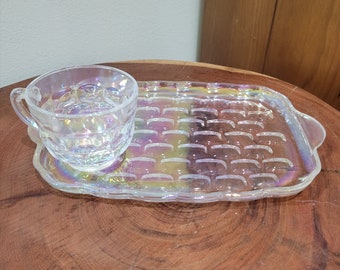 Vintage 1950's Federal Glass Yorktown Iridescent Snack Plate And Cup Set Gorgeous Gracious Hostess