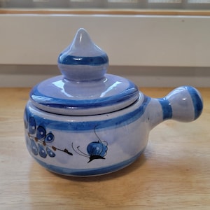 Vintage Authentic Tonala Mexican Handled Bowl with Lid - Blue with Birds and Flowers Indoor Pottery