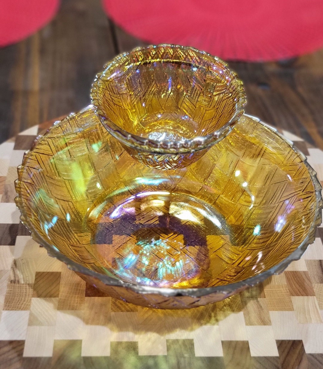 UNIQUE Indiana Glass Chip/dip Set weavetex Iridescent Gold Marigold