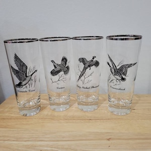 Vintage Sportsman Highball Cocktail Drinking Glasses, Silver Platinum Trim 14 OZ  Grouse, Canvasback Duck, Ringneck Pheasant, Canadian Goose