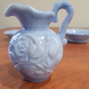 Vintage Slag Glass Pitcher with Bowl and Dish, Blue Milkglass ROSE Design, With Stopper 1978 Avon May Mother&#39;s Day Vanity Set Dainty