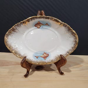 Vintage Very Rare Turin Fish Motif Oval Plate with Gold Trim and Blue Pattern FCO3 by Ford China Marked Turin on Back of Plate
