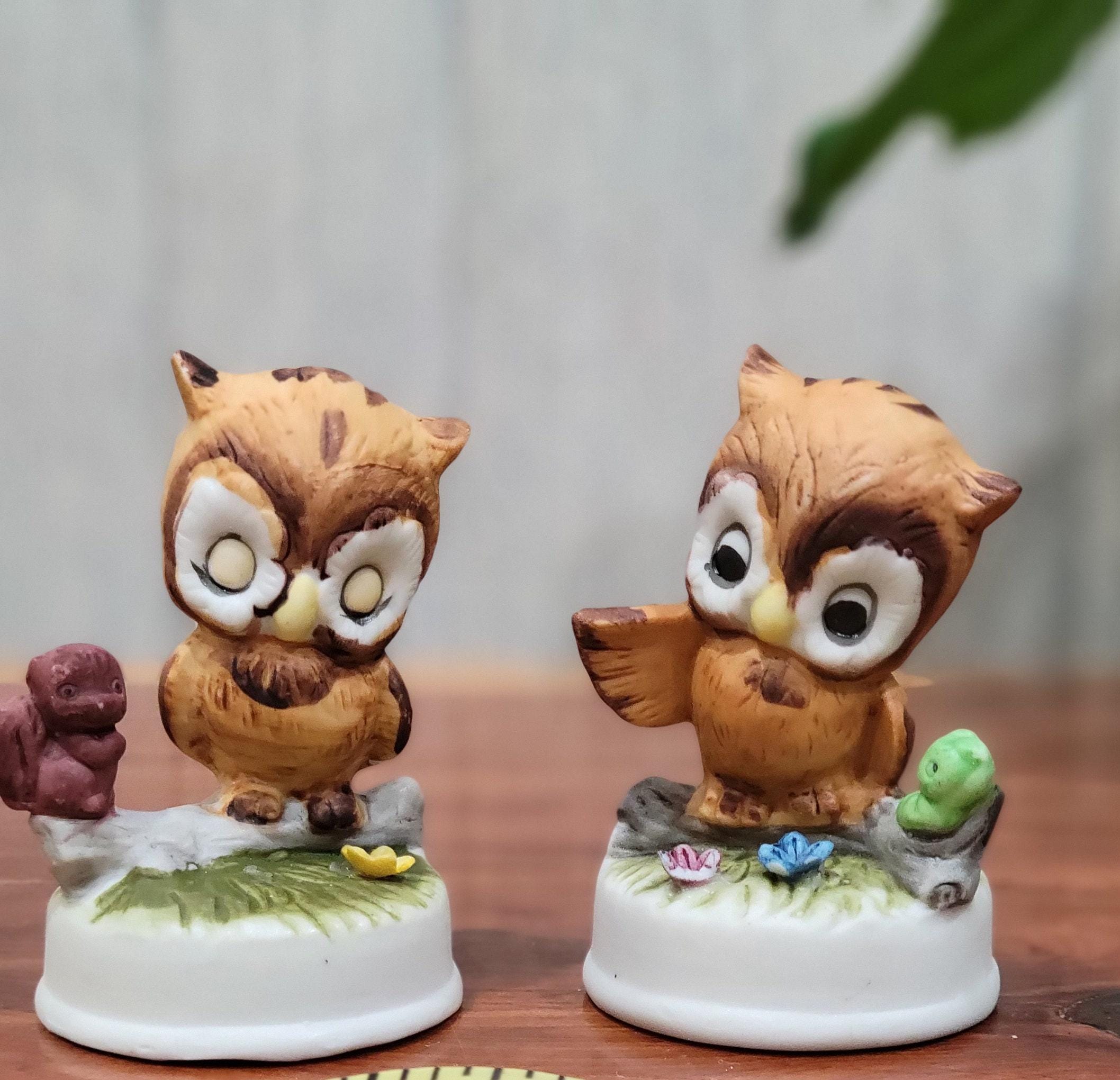 Vintage Bisque Porcelain Owl Figurines, 1970s Napco Taiwan, Set of 2
