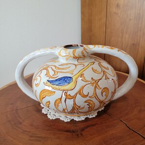 Vintage Saona Vessel Vase  Two Handled, Bird Design Interesting Vase